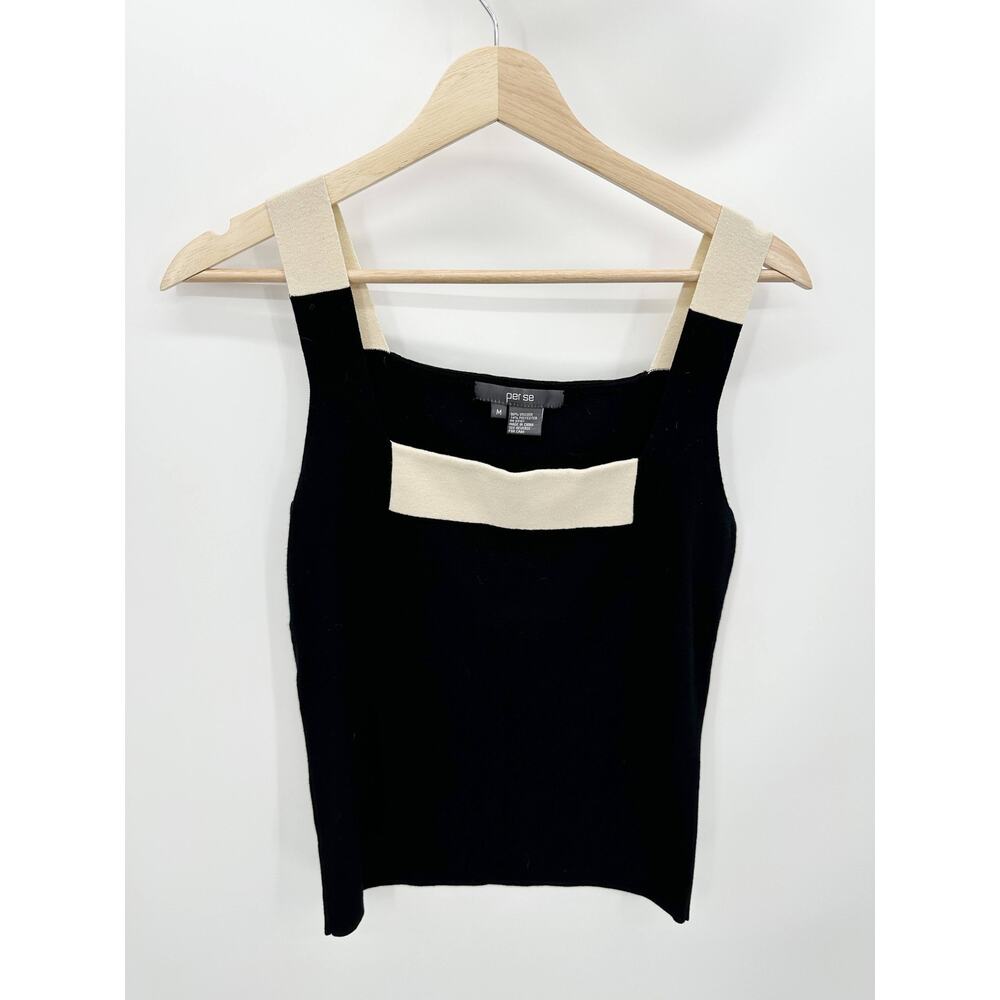 Per Se Blouse Women M Black Cream Square Neck Sleeveless‎ Stretch Viscose Blend
